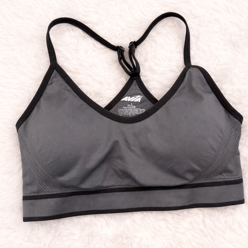 AVIA Gray Strappy Back Sports Bra Size Large Athleisure Workout Top